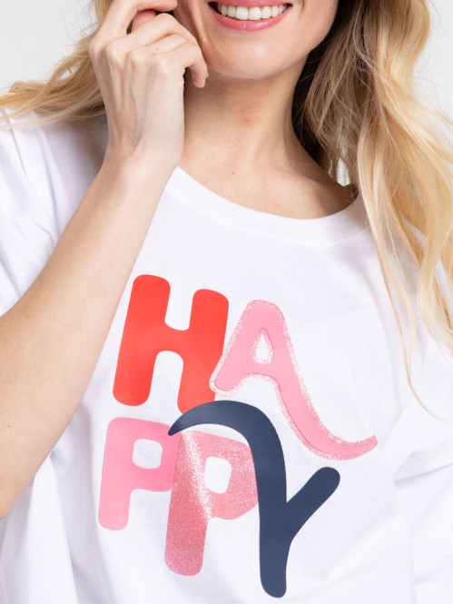 T-shirt happy blanc femme