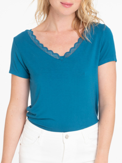 T-shirt col V dentelle bleu...