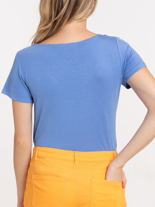 T-shirt col V dentelle bleu...