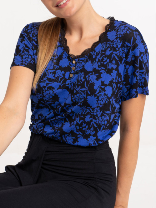 T-shirt noir imprimé fleuri...