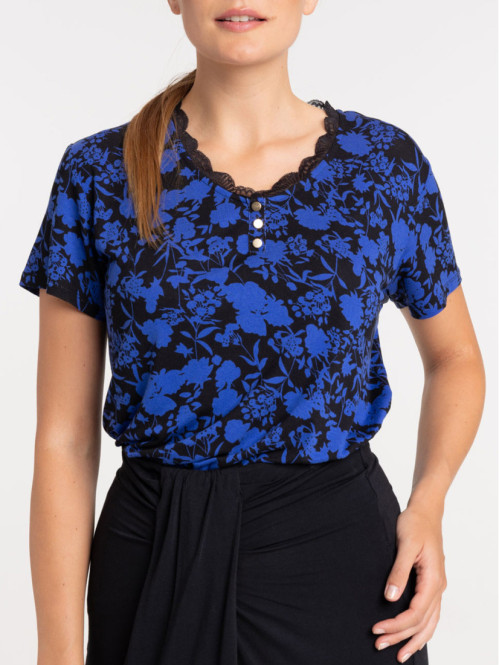 T-shirt noir imprimé fleuri...