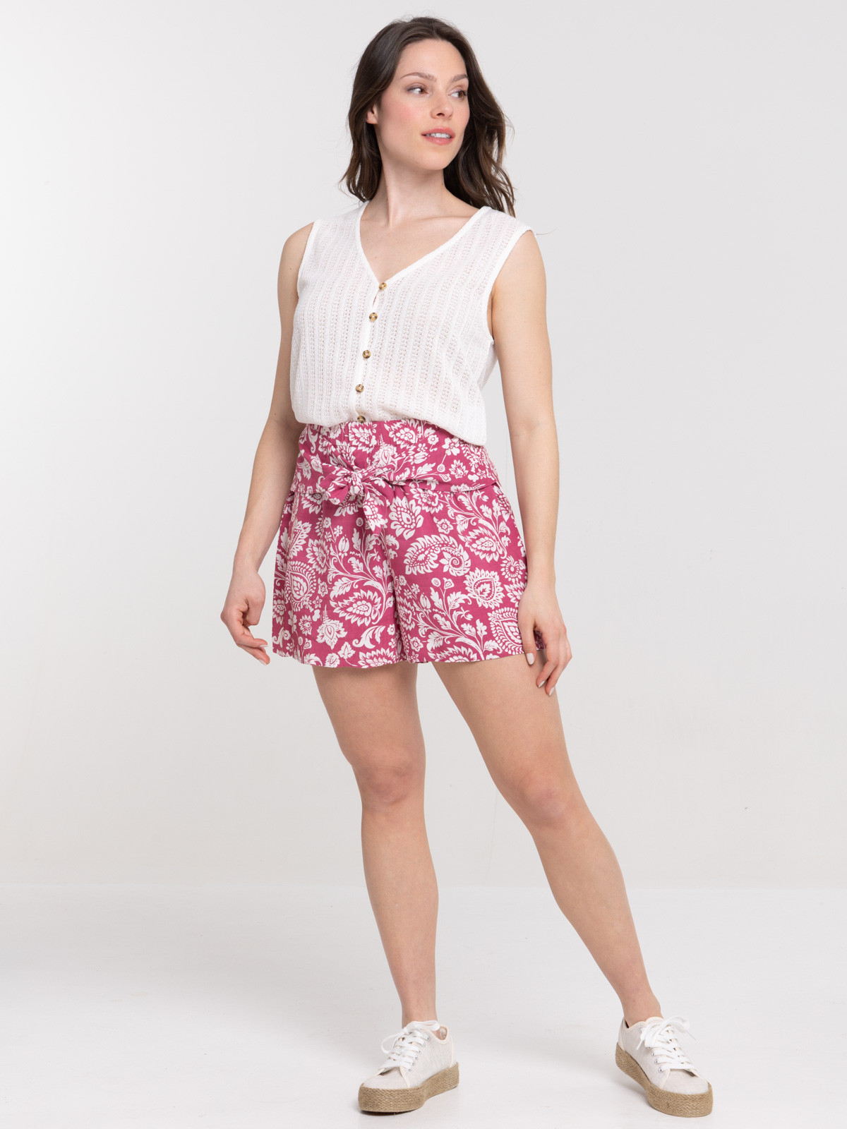 Short motif floral ceinture noeud femme