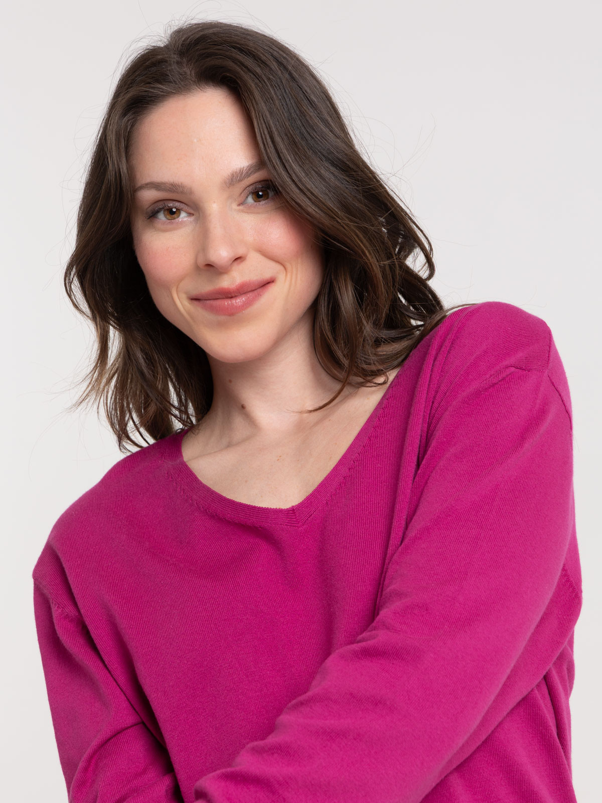 Pull fin col V fushia femme Pull fin col V fushia femme