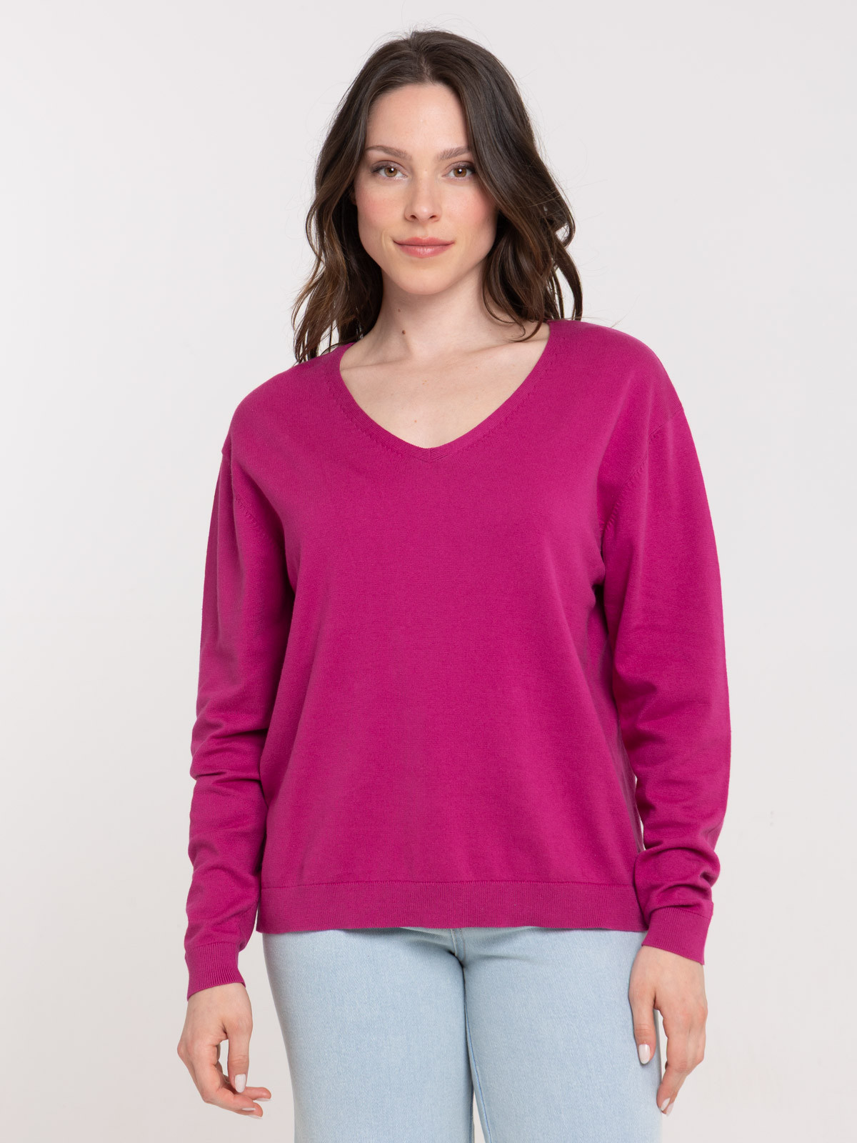 Pull fin col V fushia femme Pull fin col V fushia femme