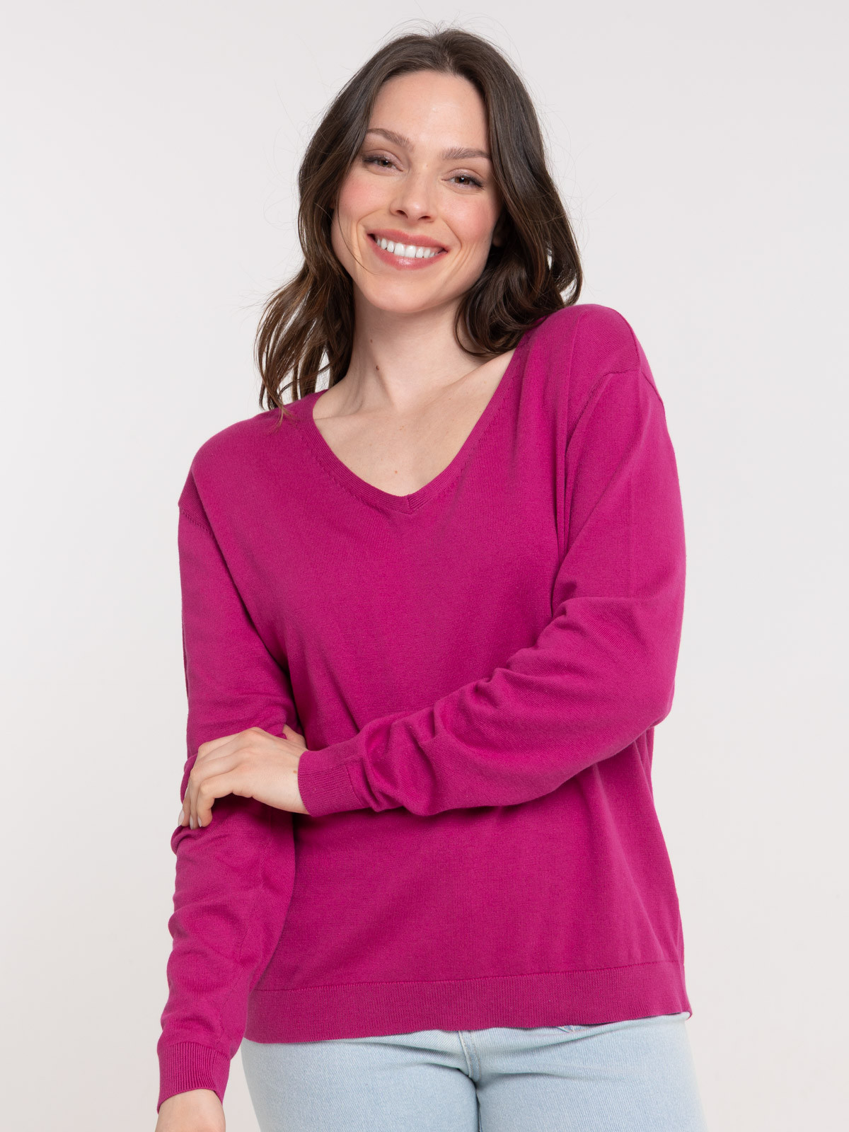 Pull fin col V fushia femme Pull fin col V fushia femme