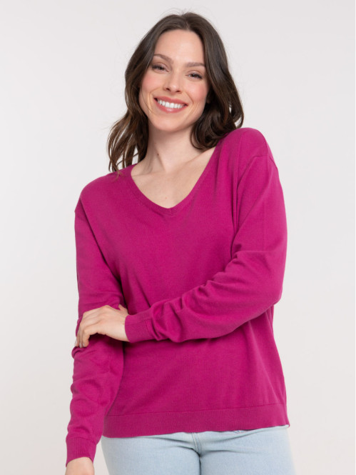 Pull fin col V fushia femme Pull fin col V fushia femme