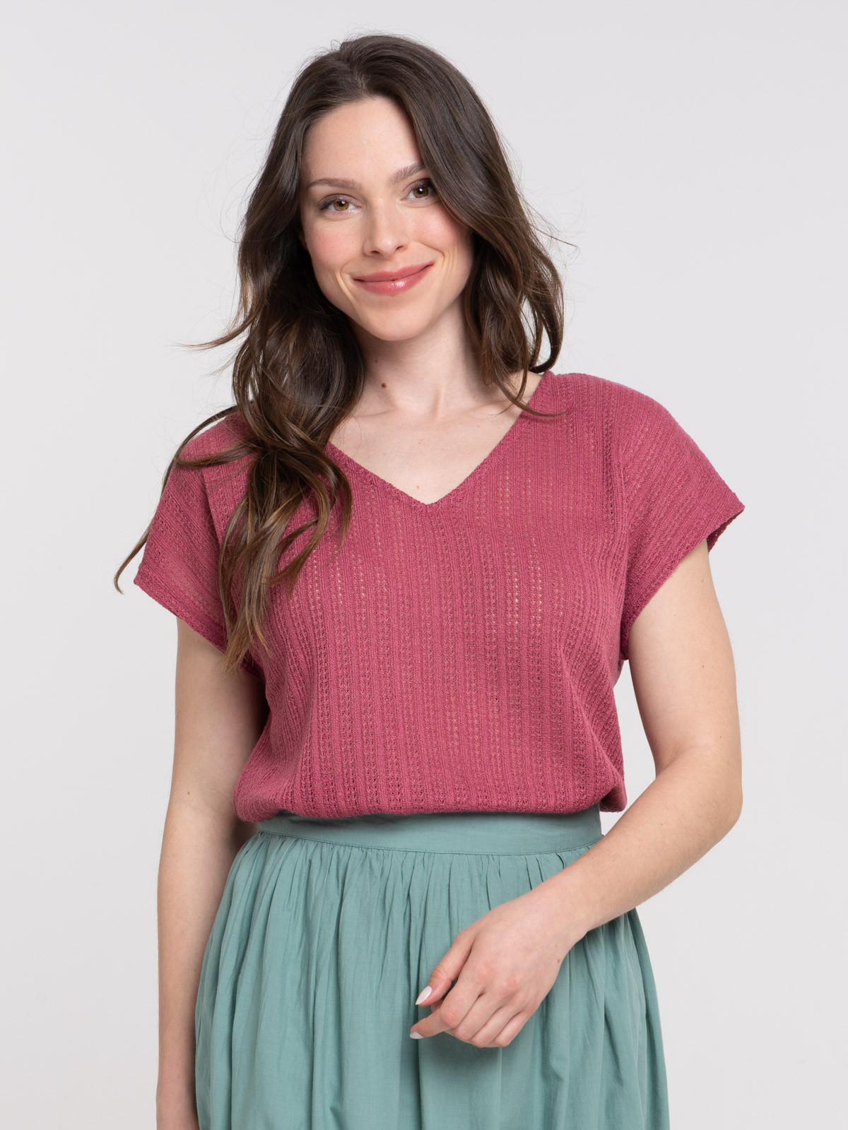 Tee-shirt col V maille ajourée femme Tee-shirt col V maille ajourée femme