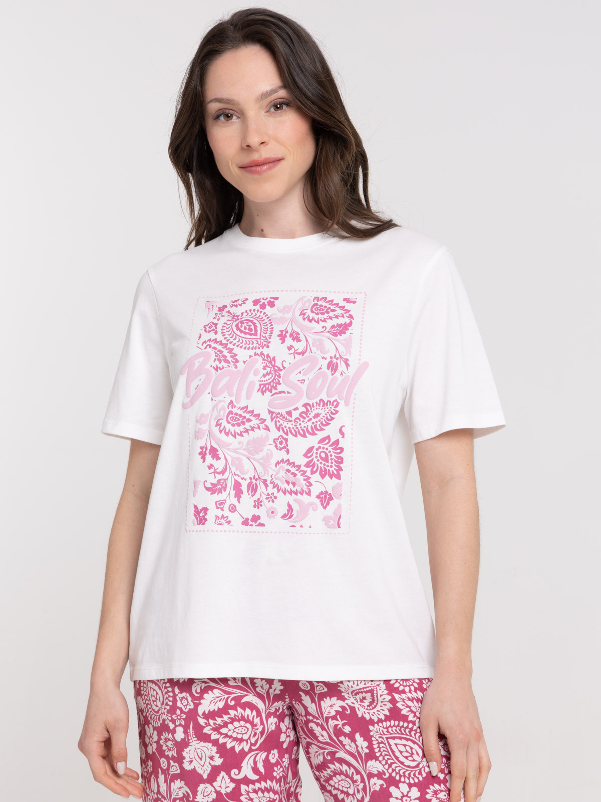 T-shirt écru motif floral femme