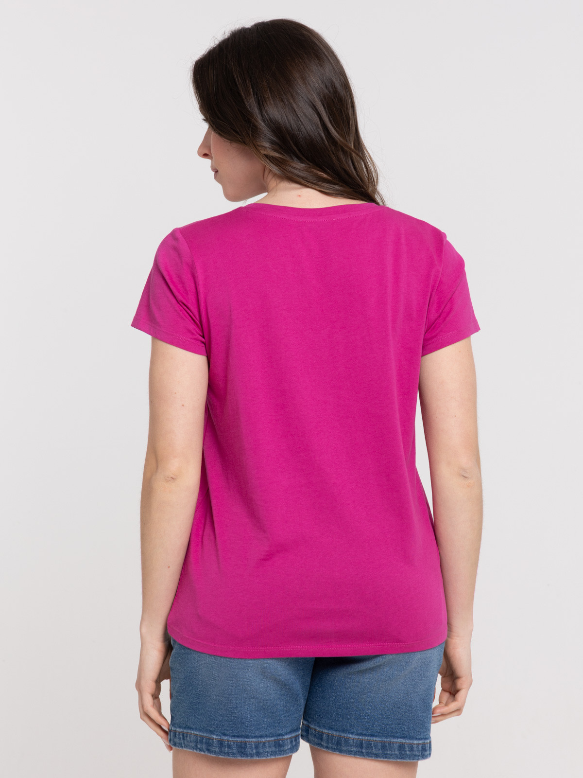 Tee-shirt col V fushia femme
