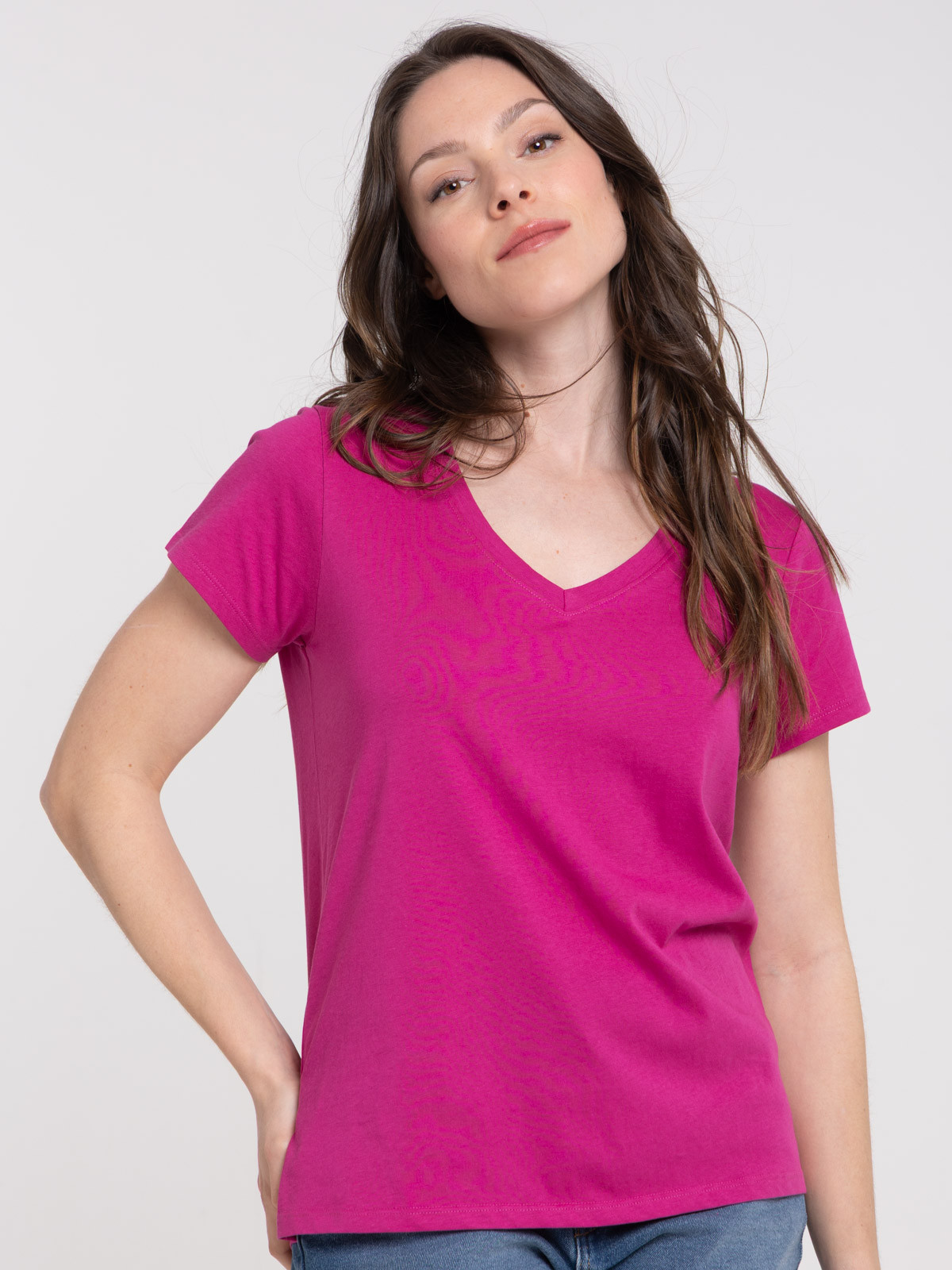 Tee-shirt col V fushia femme