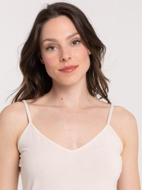 Débardeur col V beige femme