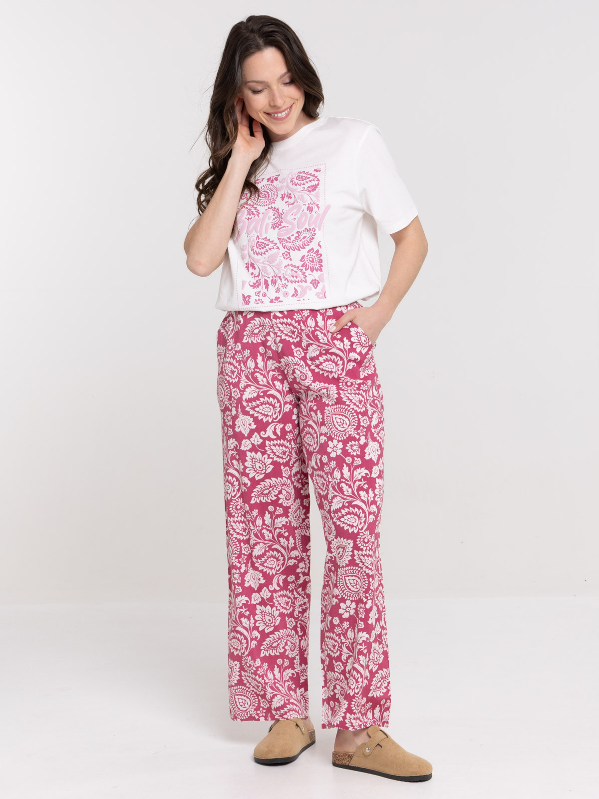 Pantalon large imprimé floral femme