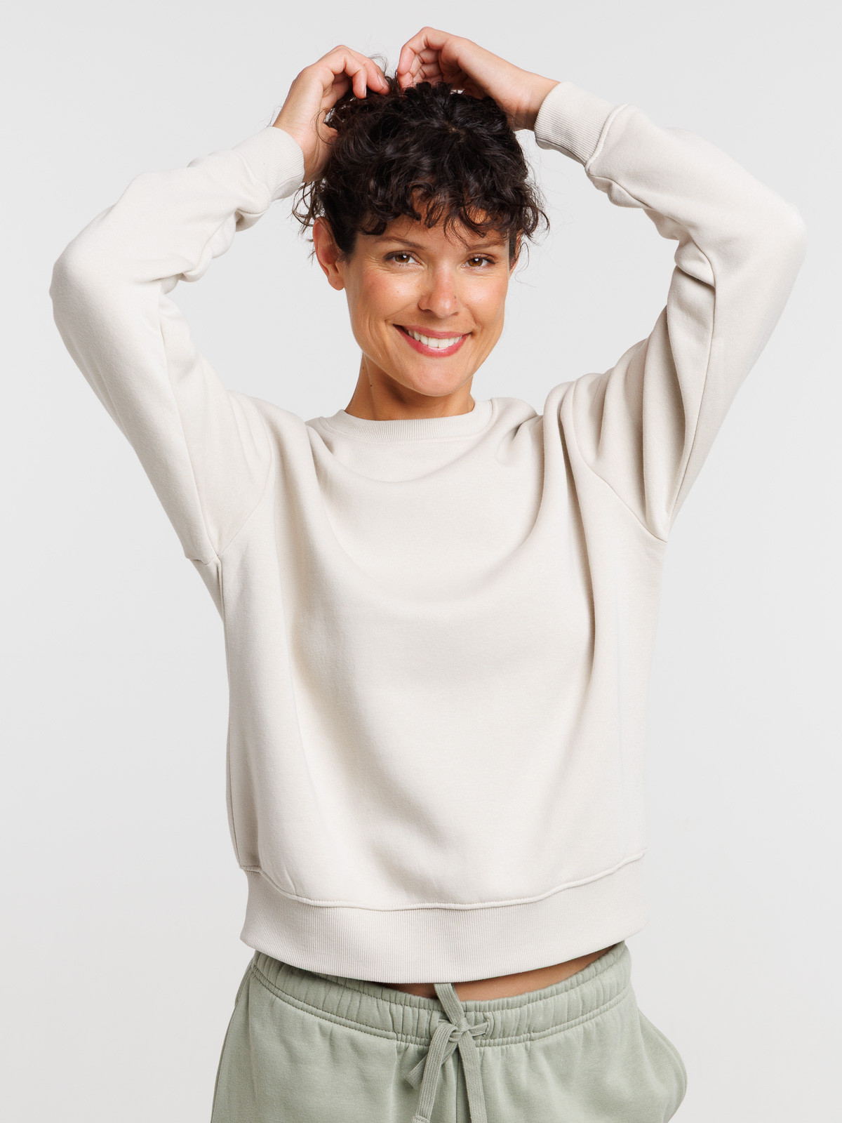 Sweat uni col rond beige grisé femme