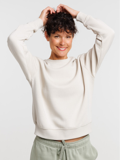 Sweat uni col rond beige grisé femme