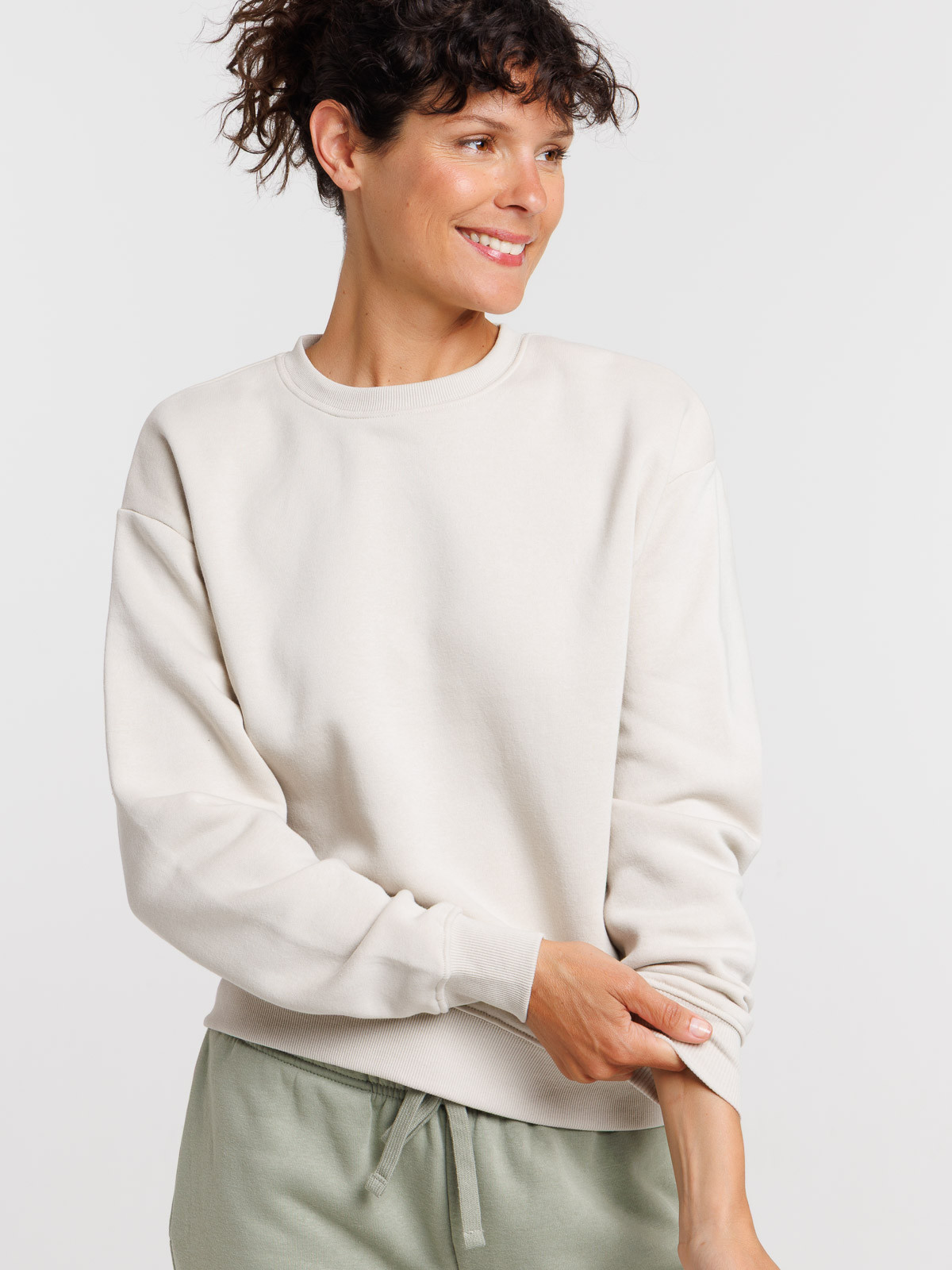 Sweat uni col rond beige grisé femme