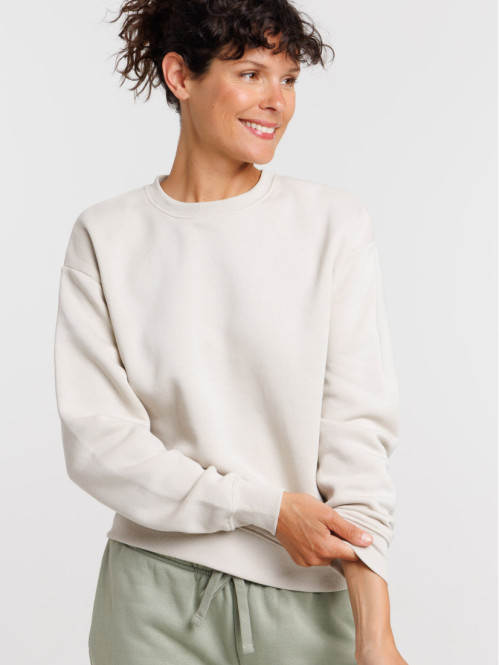 Sweat uni col rond beige grisé femme