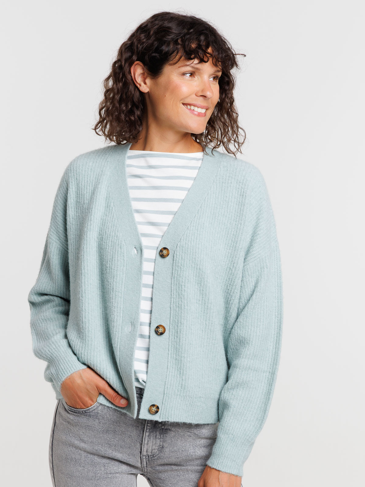 Gilet boutonné col V bleu glacier femme