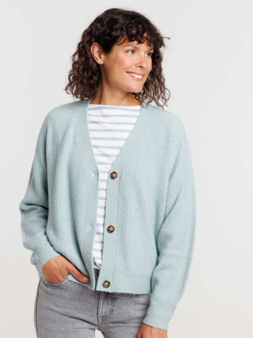 Gilet boutonné col V bleu glacier femme