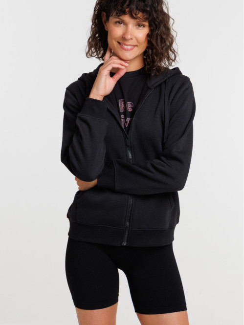 Sweat zippé capuche noir femme