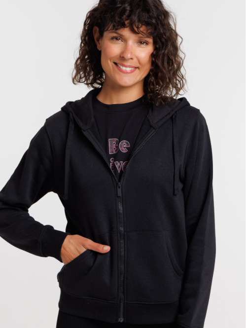 Sweat zippé capuche noir femme