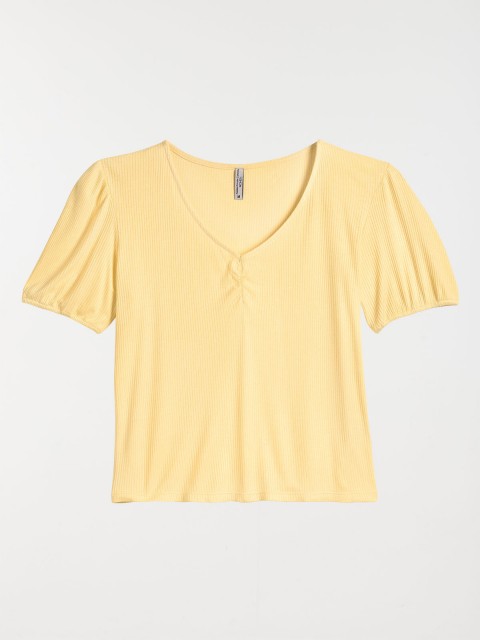 T-shirt côtelé jaune clair femme