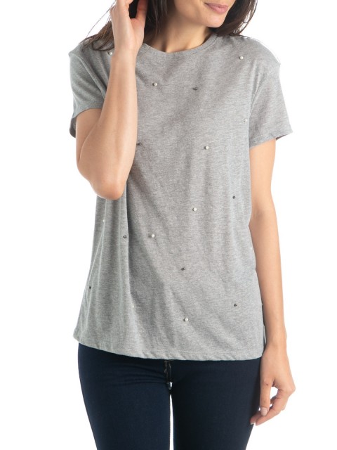 T-shirt gris chiné perles femme
