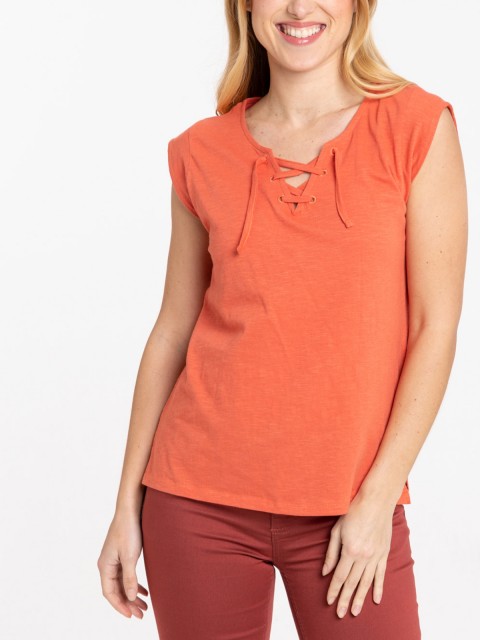 T-shirt col lacet orange sienne femme