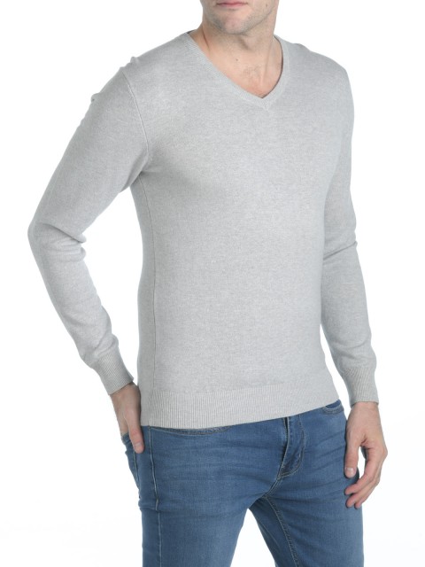 Pull col V gris chiné homme