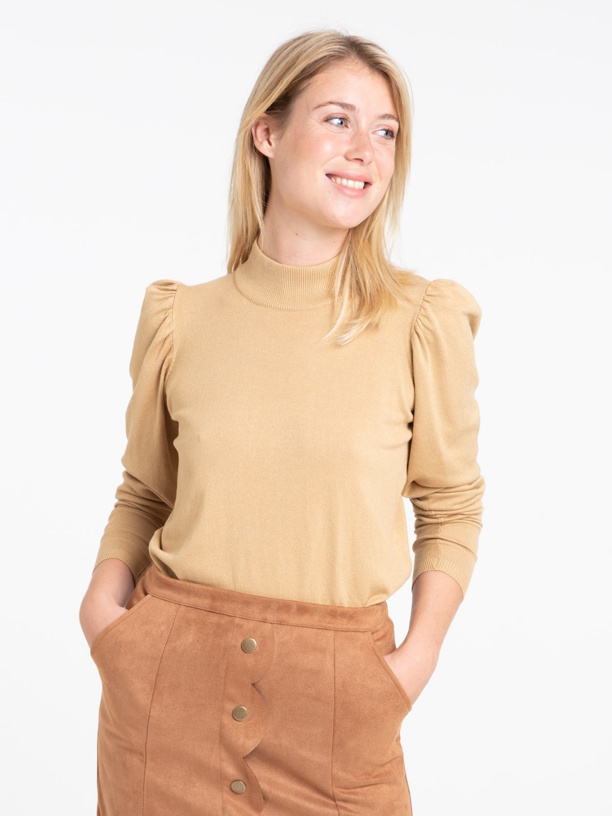 Pull col rond manches ballons camel femme